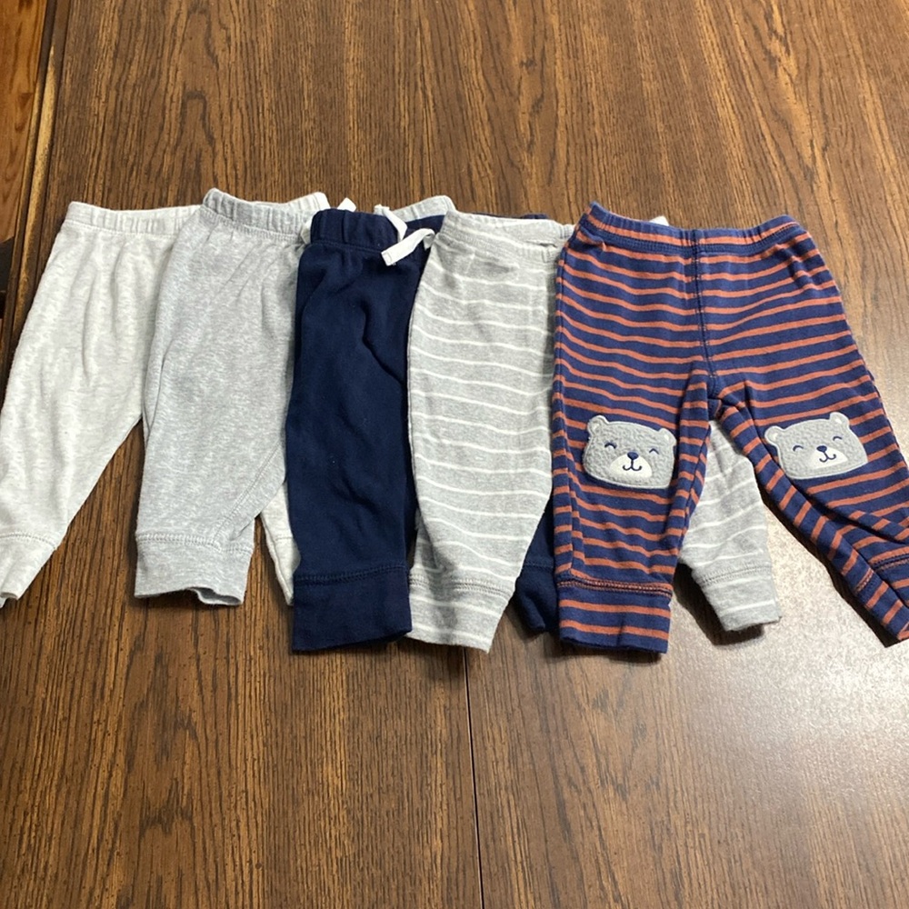 “5/$20” Carter’s lot of five pants size 6 month blue, gray, brown stripes